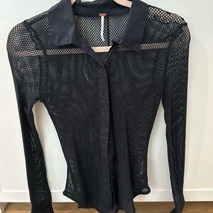 Free People Black Mesh Button Down Shirt